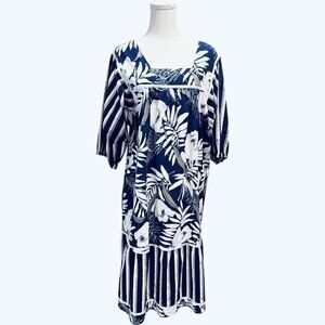 Vintage 70s Hilda Hawaii Muumuu Hawaiian Dress Blue White Tropical Womens Large